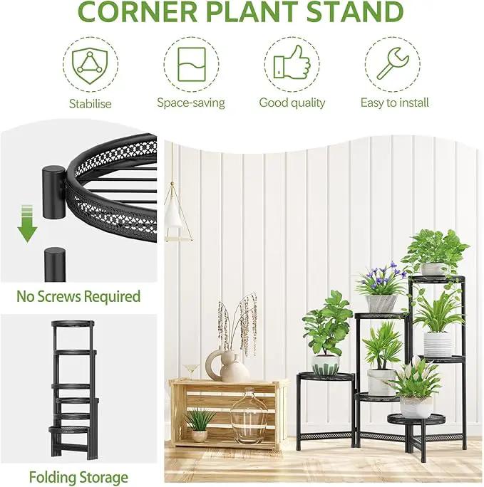 iDavosic.ly 6 Tier Large Plant Stand Indoor with 10-Inch Wide Drainage Tray, Tiered Corner Metal Outdoor Flower Display Holder Shelf, Folding Tall Rack for Patio Porch Balcony, Black Iron Carving by GreenHaven Gardens
