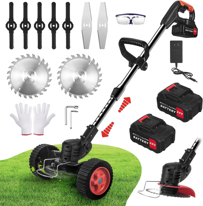 Electric Weed Wacker Cordless with Wheels: Electric Weed Wacker Battery Powered 24V 4.0Ah - Cordless String Trimmer for Lawn Garden Glass Pruning Trimming, Black by GreenHaven Gardens