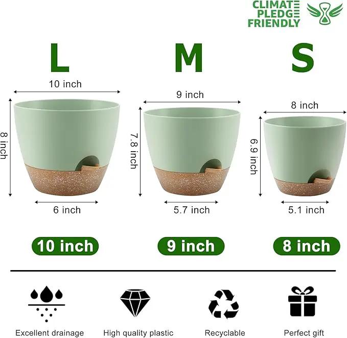 Plant Pots 10/9/8 Inch Self Watering Pots, Set of 3 Plastic Planters with Drainage Holes and Saucers,Plastic Flower Pots,Nursery Planting Pot for Indoor Out Door Plants（Green） by GreenHaven Gardens