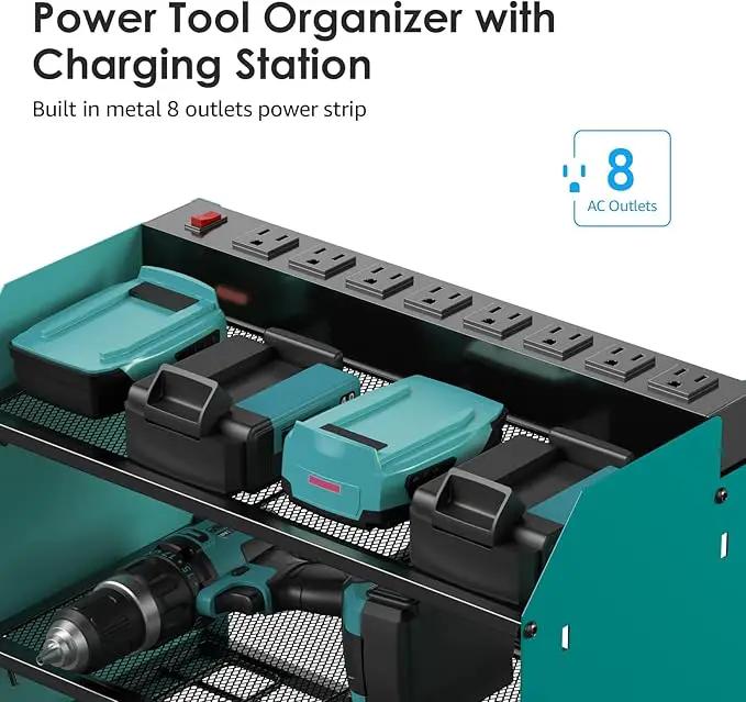 CCCEI Set Power Tool Organizer Wall Mount with Charging Station. Garage 4 Drill Storage Shelf with Hooks, Heavy Duty Metal Tool Battery Charger Organizer. Shop Utility Rack with Power Strip Navy Blue. by GreenHaven Gardens