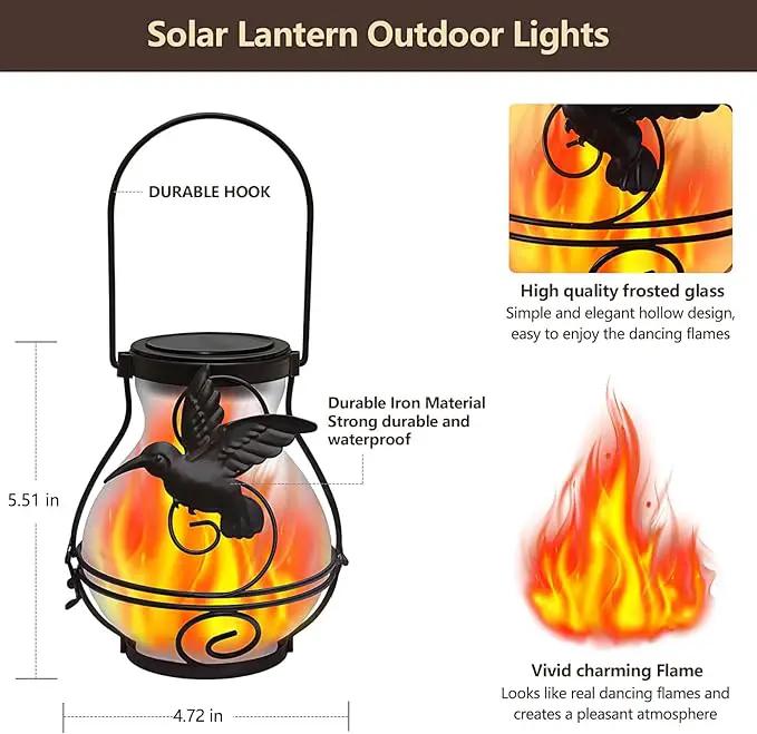2 Pack Solar Flickering Flame Lights,Outdoor Upgraded Metal Lantern for Hanging Solar Powered Waterproof LED Flame Glass Lanterns for Patio Garden Christmas Halloween Decorations by GreenHaven Gardens