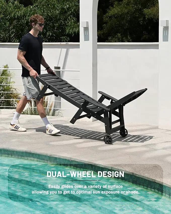 Lounge Chair Outdoor, Chaise Lounge Outdoor, HDPE 6-Position Lounge Chair for Outside, Patio Lounge Chair with Wheels & Cup Holder for Pool Poolside Deck Backyard, Black by GreenHaven Gardens