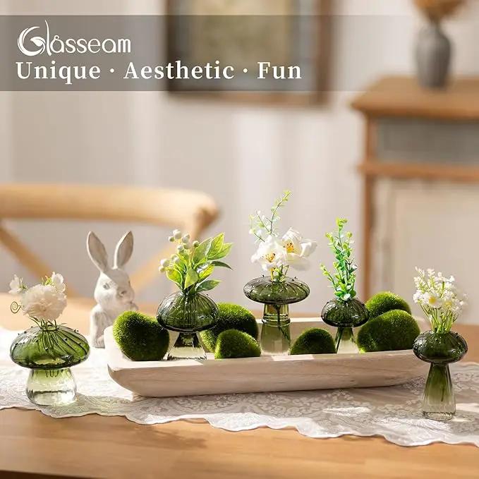Glasseam Mushroom Plant Propagation Stations: Green Glass Terrarium Jar Set of 5 Cute Planters for Indoor Plants Mini Propagate Station Unique Christmas Birthday Gifts for Women Home Office Decor by GreenHaven Gardens