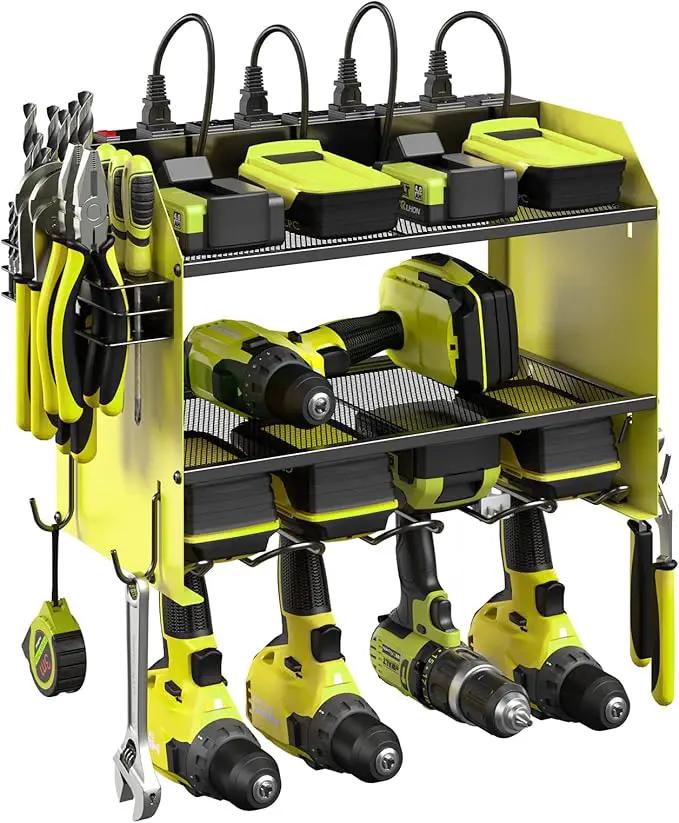 CCCEI Set Power Tool Organizer Wall Mount with Charging Station. Garage 4 Drill Storage Shelf with Hooks, Heavy Duty Metal Tool Battery Charger Organizer. Shop Utility Rack with Power Strip Green. by GreenHaven Gardens