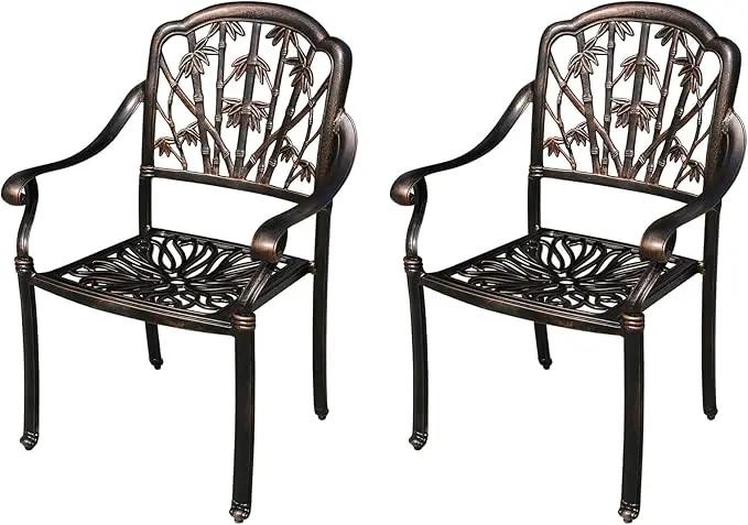 Outdoor Dining Chair Cast Aluminum Patio Chairs Set of 2 All-Weather Patio Dining Chair with Adjustable Feet for Backyard Garden (Purple Bamboo Chair) by GreenHaven Gardens
