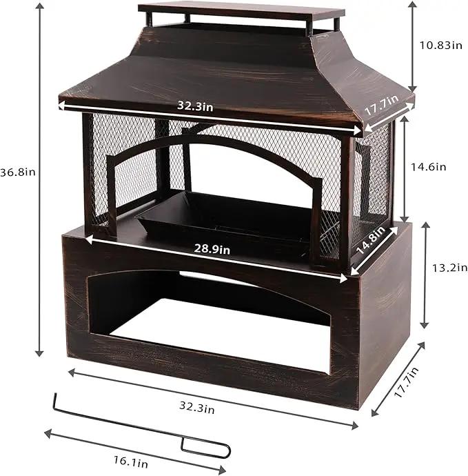 Red Mountain Valley 37in Outdoor Wood Burning Fireplace, Large Outdoor Fire Pit with Log Grate and Poker, Chimney Outside Fireplace with Firewood Racks Storage for Patio, Garden and Backyard by GreenHaven Gardens