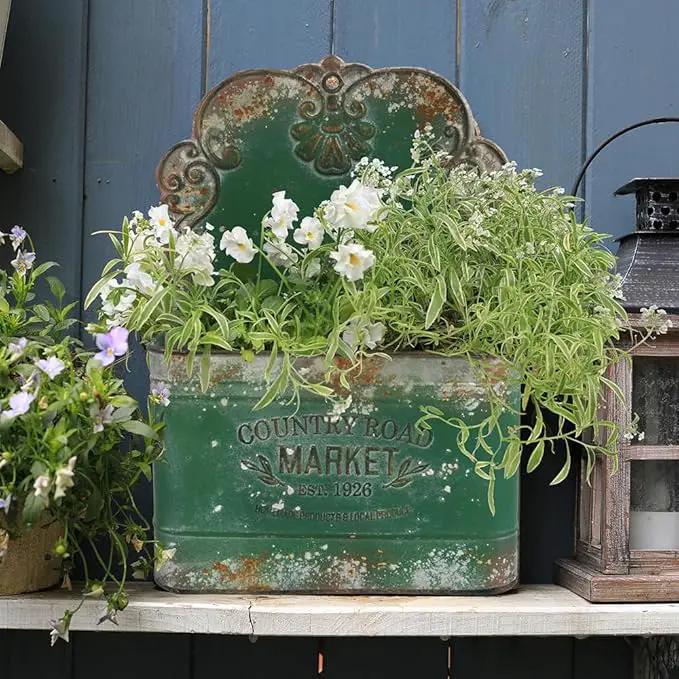 All Chic Metal Wall Planter Outdoor Wall Planter Wall Hanging Planter Rustic Wall Mount Planter Outdoor Wall Planter for Farmhouse Garden Decor (Green) by GreenHaven Gardens
