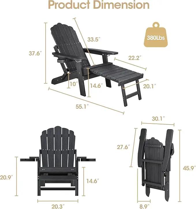 Folding Adirondack Chair with Retractable Ottoman Fire Pit Patio Chair with Adjustable Backrest, 2 Cup Holder Weather Resistant Outdoor, Patio, Lawn, Garden, Backyard Deck, Fire Pit, Black by GreenHaven Gardens