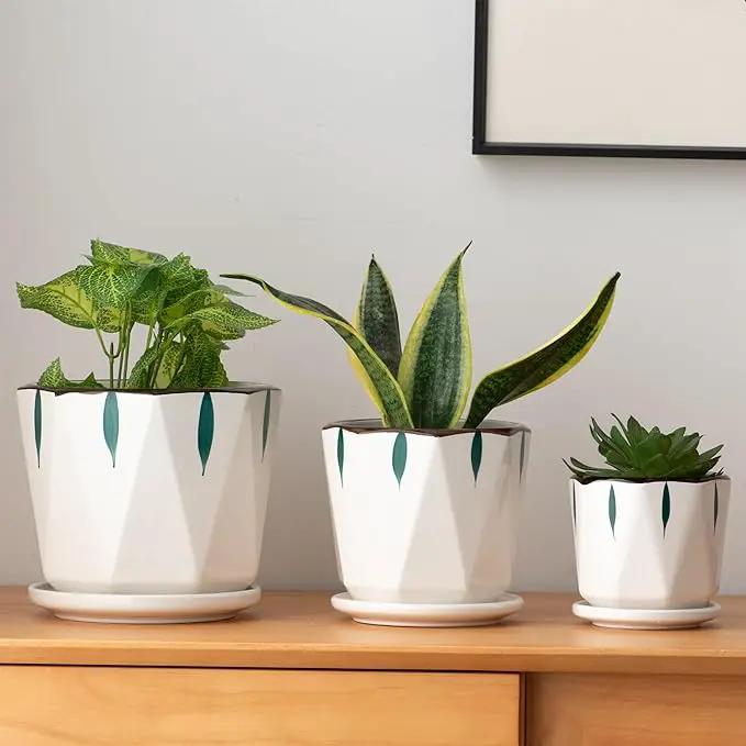 7 5 4 inch Plant Pots for Indoor, Hand Painting Ceramic Flower Planter Outdoor Set of 3 with Drainage and Saucer, Succulent Pots for Mom Family by GreenHaven Gardens