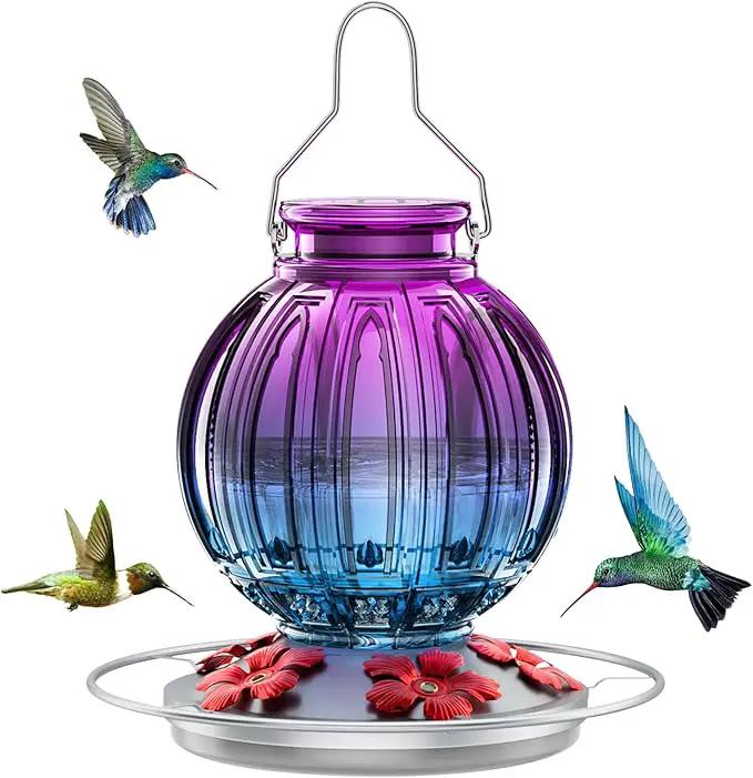 Glass Hummingbird Feeder for Outdoors Hanging, 26Oz Bird Nectar Feeder with Perch & 5 Flower Feeding Ports, Leak Proof for Outside Garden Decor Backyard, Gifts for Women Mom, Purple Blue by GreenHaven Gardens