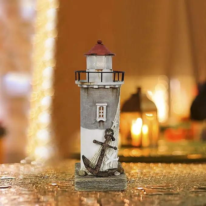 Wooden Lighthouse With Light - Rustic Nautical Ocean Sea Beach Themed Decoration, Handcrafted Tabletop Home and Bathroom Decor (11.4"H) by GreenHaven Gardens