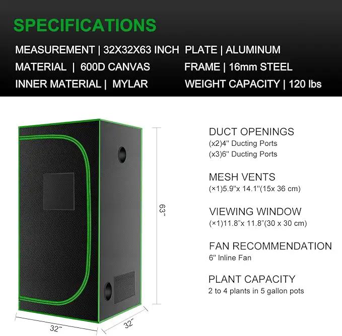 MELONFARM 32"x32"x63'' Grow Tent, High Reflective 600D Diamond Mylar Canvas with Observation Window and Floor Tray for Hydroponic Indoor Plant Growing by GreenHaven Gardens