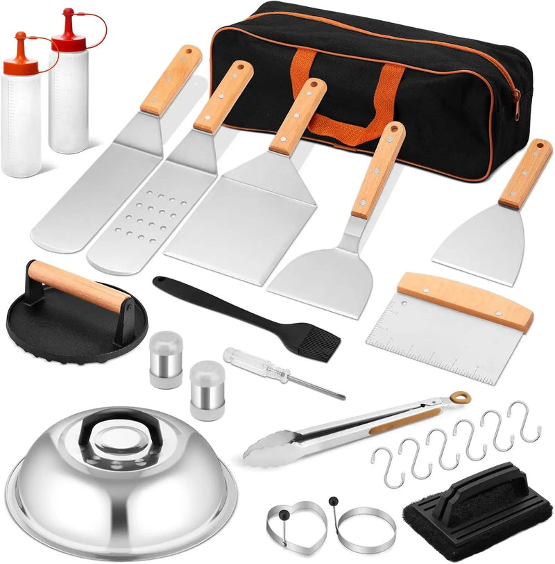 Griddle Accessories Set of 25, Leonyo Flat Top Grill Accessories, Professional BBQ Tool with Enlarged Spatulas Scraper, Basting Cover, Smash Burger Press, Carry Bag for Outdoor Barbecue, Wood Handle by GreenHaven Gardens