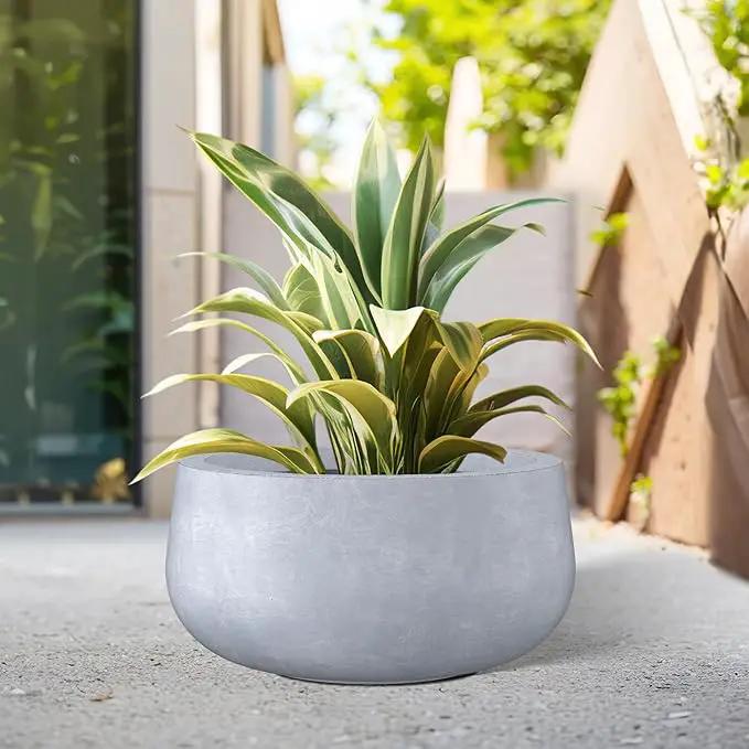 Kante 15.7" Dia Round Concrete Planter, Cement Plant Pots with Drainage Hole and Rubber Plug for Outdoor Indoor Garden Home, Modern Curvaceous Design, Gray by GreenHaven Gardens
