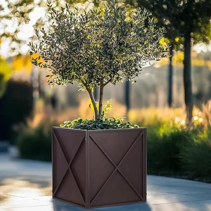 Metal Square Planter Box Tall Planters for Outdoor Plants Modern Heavy Duty with Drainage Holes for Outside Indoor Patio Deck - Brown, 17”x 17”x 18” by GreenHaven Gardens