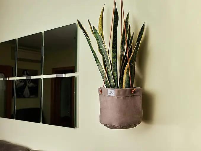 Large Waxed Canvas Handmade Hanging Planter for Indoor/Outdoor Plants, Hanging Basket Plant Holder Stone Gray by GreenHaven Gardens