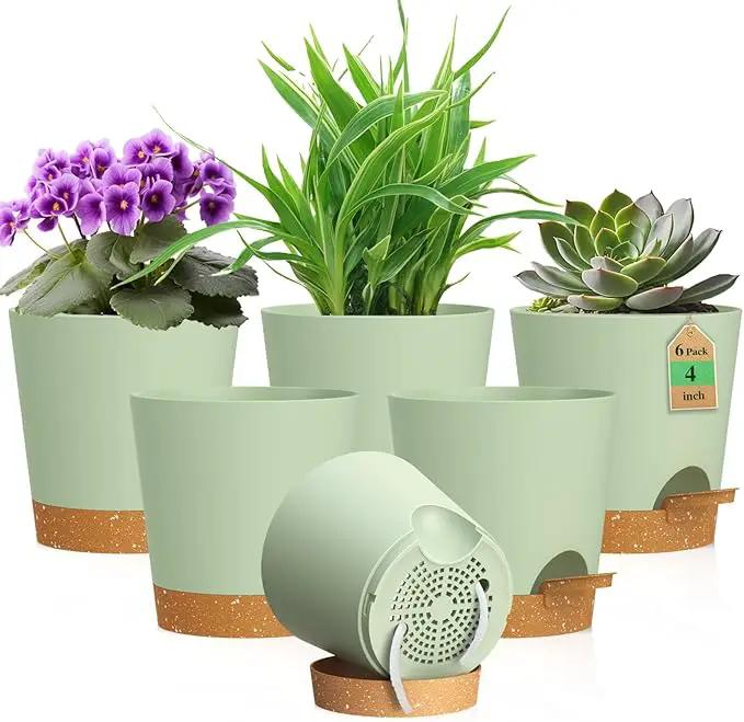 4 inch Self Watering Pots for Indoor Outdoor Plants, 6 Pack Plastic Flower Planters with Drainage Holes and Removable Saucers, Plant Pots with Wicking Rope, Modern Decor, Green Brown by GreenHaven Gardens