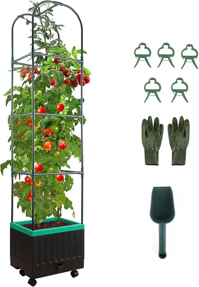 Raised Garden Bed with Self Watering Garden Pots, Planter Box with Trellis for Climbing Plants Vegetable Vine Flowers, Tomato Cage Planter for Indoor Outdoor Yard Greenhouse Use by GreenHaven Gardens