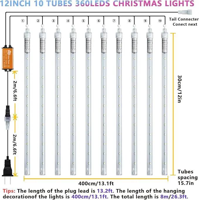 Meteor Shower Lights, Christmas Lights, 12 Inch 10 Tube 360 LED Rain Falling Icicle Cascading Lights for Xmas Tree Halloween Patio Garden Roof Eaves Decoration by GreenHaven Gardens