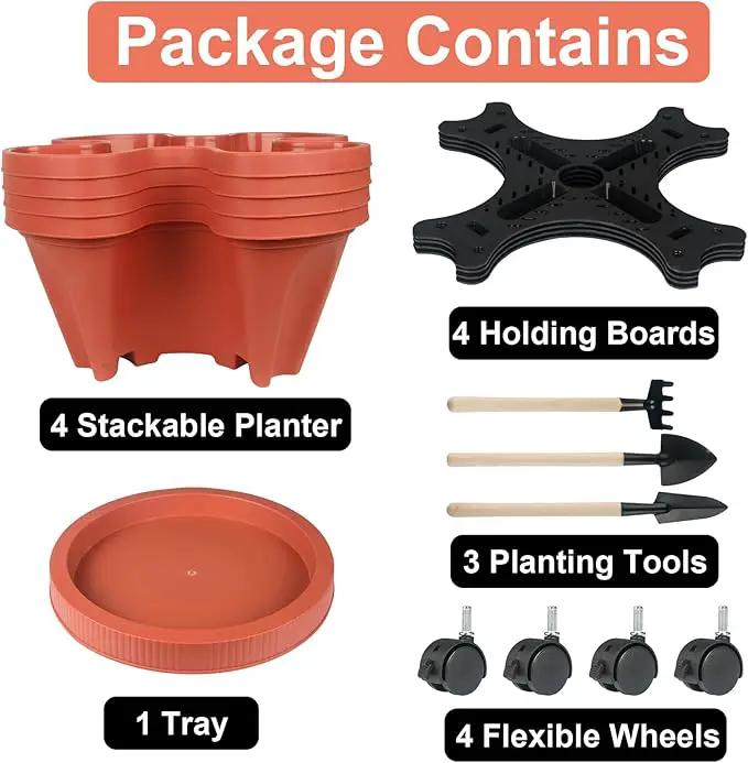 Vertical Planter 4 Tier Stackable Planters Garden Planters Strawberry Herb Flower and Vegetable Planter Indoor Outdoor Gardening Pots with Removable Wheels and Tools 2-Pack by GreenHaven Gardens