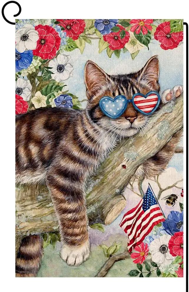 BLKWHT 4th of July Cat Garden Flag 12x18 Vertical Double Sided Red Blue Floral Memorial Day Independence Day Holiday Outside Decorations Burlap Yard Flag BW823 by GreenHaven Gardens