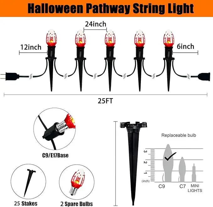 C9 Halloween Pathway Lights Outdoor, 38Ft Halloween Blood Teardrop Pathway String Lights with 25 C9 Flicker Flame Lights, Halloween Decoration Walkway Lights for Outdoor Pathways Gardens and Yards by GreenHaven Gardens