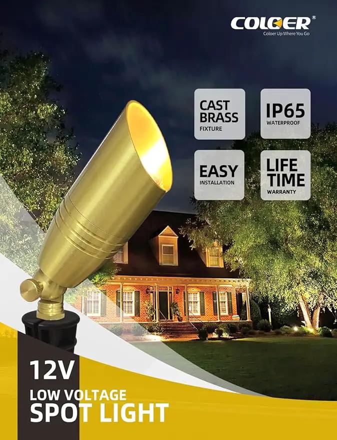 COLOER Die-cast Brass Landscape Spotlight 1-Pack with 5W Aluminum Housing LED MR16 Bulb,12V AC/DC Low Voltage Copper Outdoor Lighting, Directional Garden Patio Spot Up Light (102B Brass Finish) by GreenHaven Gardens