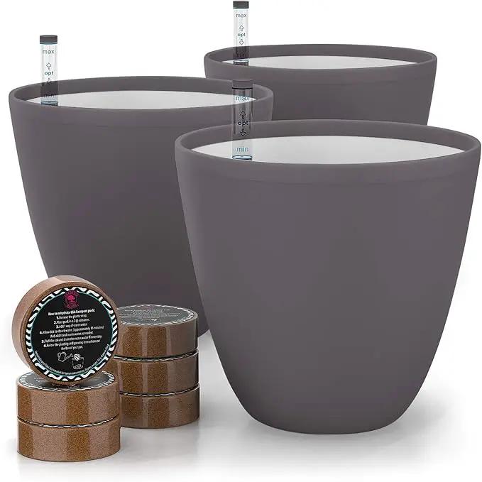 GARDENIX DECOR 7'' Self Watering planters for Indoor Plants - with Water Level Indicator for Flower Pot , Grow Tracking Tool - Coco Coir - Gray 3 Pack by GreenHaven Gardens