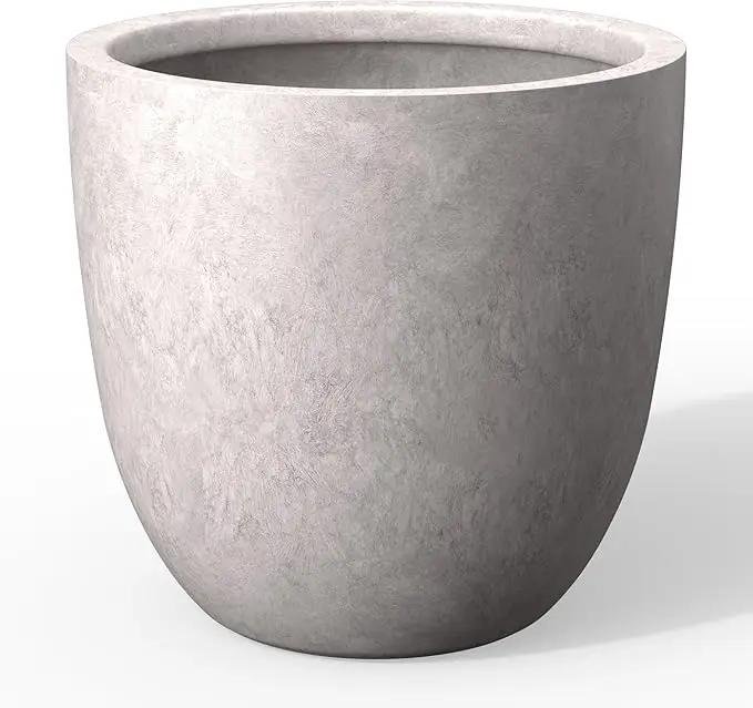 Kante 14 Inch Dia Round Concrete Planter, Indoor Outdoor Large Plant Pot with Drainage Hole and Rubber Plug for Home Patio Garden, Light Gray by GreenHaven Gardens