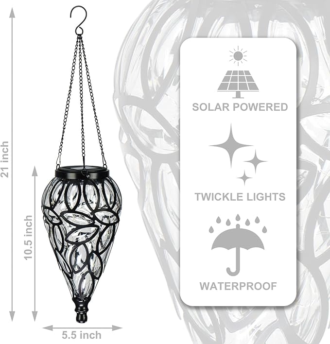 Solar Hanging Lantern Outdoor Lights, Tear-Shaped 15 LEDs Cool White Hanging Lights with S Hooks Decor in Garden, Yard, Pathway, Front Door and Landscape by GreenHaven Gardens