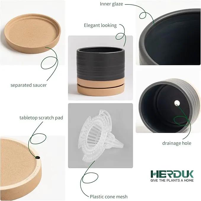 6 Inch Plant Pots, Ceramic Planter Pot with Drainage Hole & Saucer, Indoor/Outdoor Cylinder Round Planter Pot, Matte Black & Brown by GreenHaven Gardens