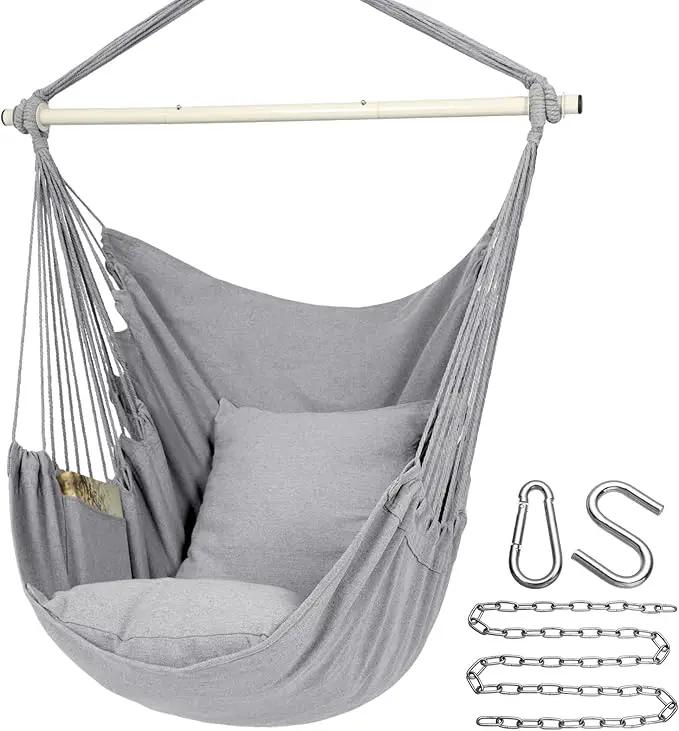 Y- STOP Hammock Chair Hanging Rope Swing Chair, Max 500 Lbs, 2 Seat Cushions Included, Removable Steel Spreader Bar with Anti-Slip Rings, Hardware kit-for Indoor or Outdoor(Light Grey) by GreenHaven Gardens