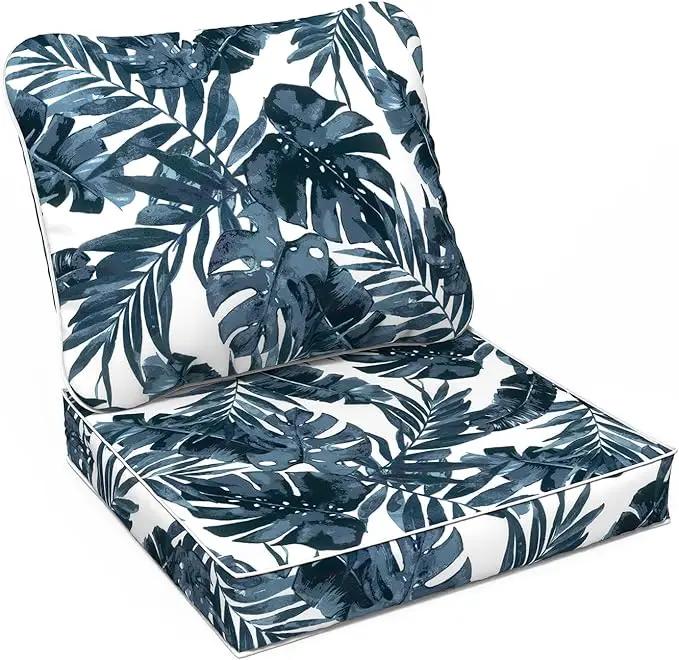 LVTXIII Outdoor Deep Seat Cushion Patio Seat and Back Cushion Set Seasonal Chair Cushion with Removable Cover and Adjustable Buckle for Home and Garden, 22"x22"x4", Palms Blue by GreenHaven Gardens