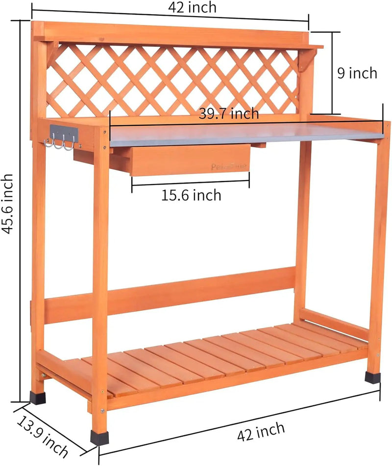 Outdoor Potting Bench & Wooden Gardening Work Station Planting Table with Metal Tabletop, Drawer, Storage, and Hooks by GreenHaven Gardens