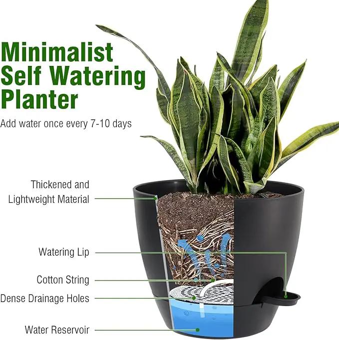 10/9/8 inch Self Watering Pots, Set of 3 Plastic Planters with Mesh Drainage Holes and Deep Reservoir for Indoor Outdoor Garden Plants and Flowers, Black by GreenHaven Gardens
