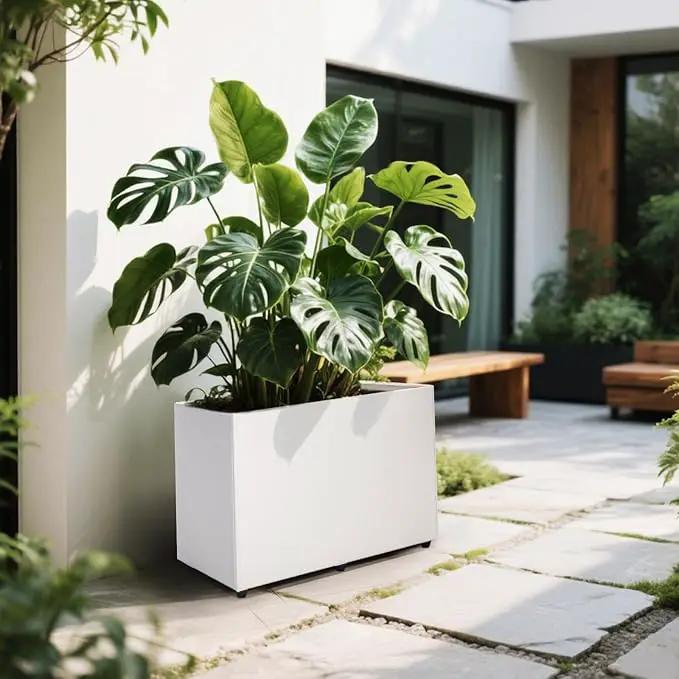 Planter Box Rectangular Block - 24×16×12IN Galvanized Steel Metal Long Box Planter Easy Installation Modern Outdoor Tall Planters All-Weather Use with Drainage Holes for Patio/Porch(White) by GreenHaven Gardens