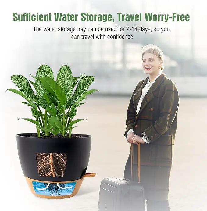 WOUSIWER 10 inch Self Watering Planters, 2 Pack Large Plastic Plant Pots with Deep Reservior and High Drainage Holes for Indoor Outdoor Plants and Flowers, Black with Terracotta by GreenHaven Gardens