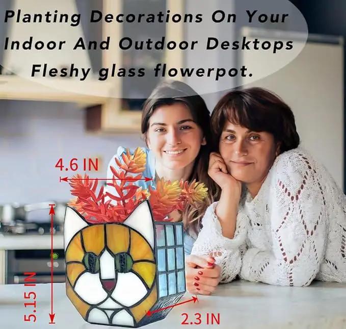 Tiffany Style Orange Cat Stained Glass Flower Pots,Indoor Plant Display, Orange Cat Small Pots for Plants, Gift for Cat Lovers,4.6x5.15x2.3 in （Excluding Plants） by GreenHaven Gardens