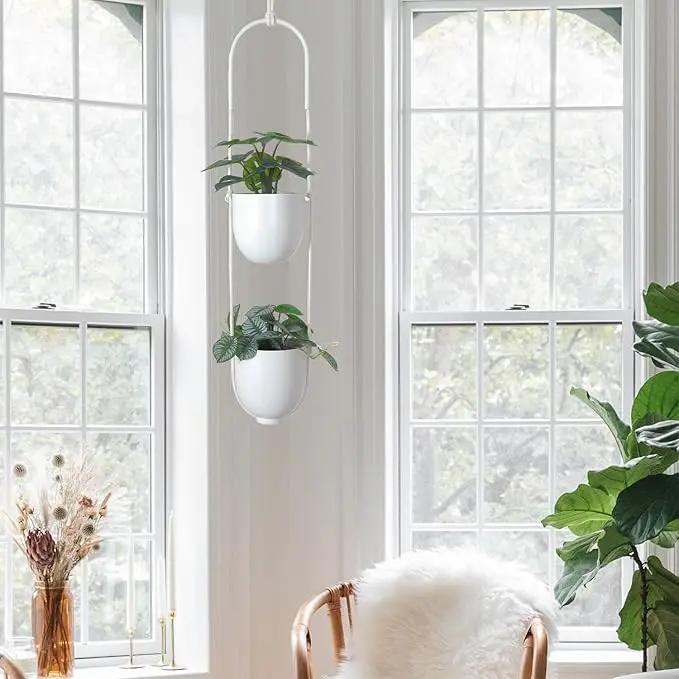Hanging Planters 2 Tiers Metal Plant Hangers for Indoor Outdoor Plants Wall Ceiling Hanging Flower Pot Basket Holders Kitchen Room Decor(White) by GreenHaven Gardens