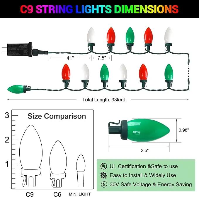 HAYATA C9 Bulbs Christmas Lights 50 LED 36ft Strawberry String Light Red&White&Green - Fairy Lighting for Outdoor, Indoor, Garden, Yard, Party, Home, Wreath, Garland, Christmas Tree Decorations by GreenHaven Gardens