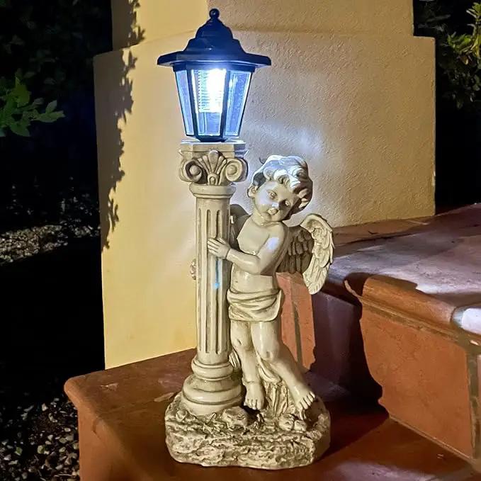 Angel Statue with Solar Lights (Right) 19.7 Inch, Outdoor Solar Angel Garden Statue with Roma Pillar for Garden Lawn Deocr, Christian Religious Gift by GreenHaven Gardens