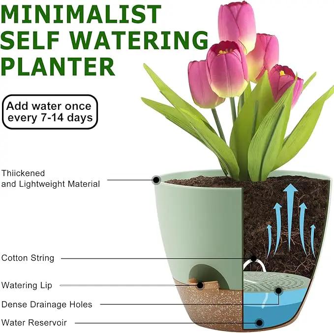 Plant Pots 12/10/9 Inch Self Watering Pots, Set of 3 Plastic Planters with Drainage Holes and Saucers,Plastic Flower Pots,Nursery Planting Pot for Indoor Out Door Plants(Green) by GreenHaven Gardens