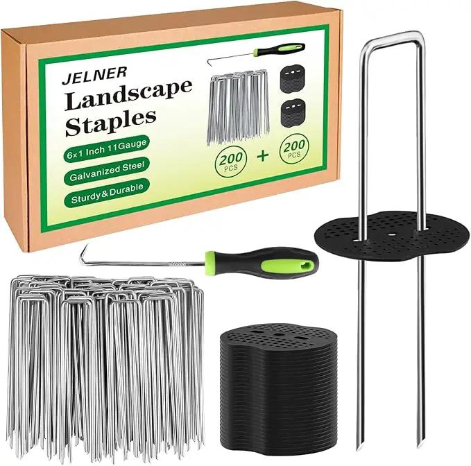 Landscape Staples Set,6 Inch 11 Gauge 200pcs Galvanized Garden Stakes and 200pcs Gaskets +1Pick Hook,U-Shaped Tent Stakes Landscaping Fabric SOD Pins for Weed Fabric Barrier,Groud Cover,Fence by GreenHaven Gardens