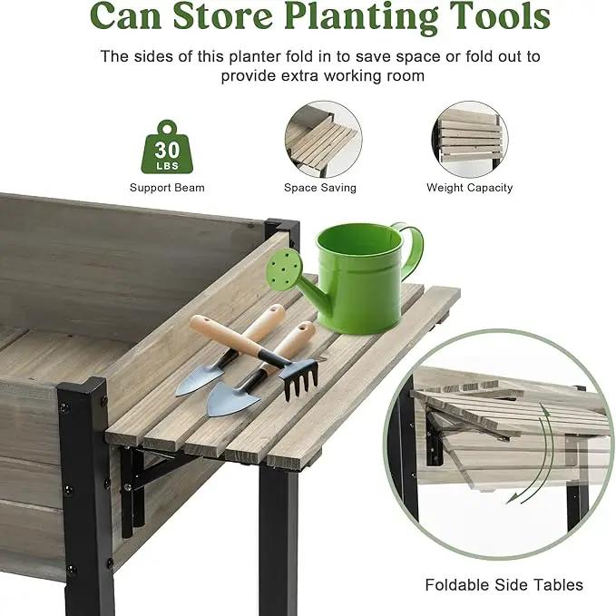Raised Garden Bed, Metal Leg Wood Planter Boxes with Folding Storage Shelf,Elevated Planter Box for Growing Fresh Herbs, Vegetables, Flowers Great for Outdoor Patio, Deck, Balcony（Gray） by GreenHaven Gardens