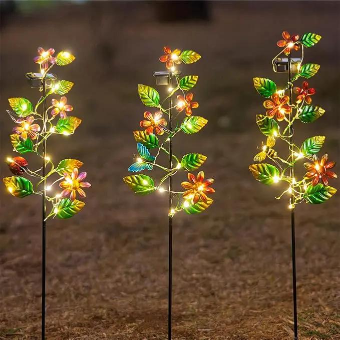 3 Pack Solar Garden Lights, Flower & Insect Metal Solar Stake Light, 23" H Outdoor Statues Figurine Lights for Garden Lawn Patio Yard Decoration by GreenHaven Gardens