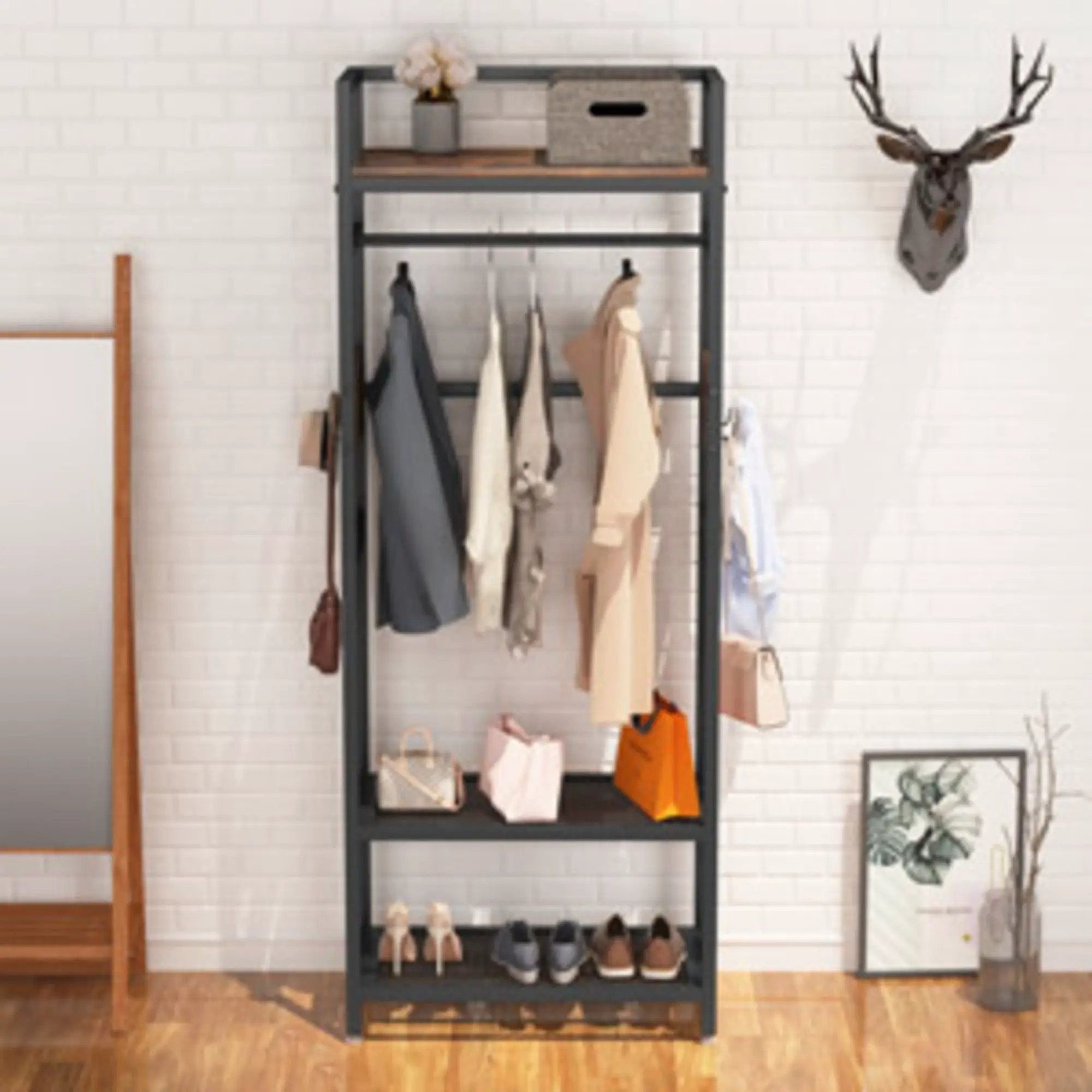 Rack With Hanging Rod, 4 Hooks, Heavy Duty Freestanding Closet Organizer - Brown / Black by HouseOfZazla