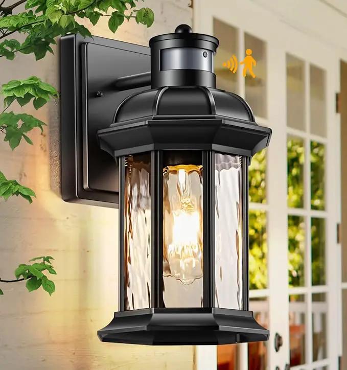 VIANIS Dusk to Dawn Motion Sensor Outdoor Porch Lights, Modern Black Exterior Porch Light Fixtures Wall Mount, Anti-Rust Aluminum Waterproof Wall Lantern With Tempered Ripple Glass For Garage Entryway by GreenHaven Gardens