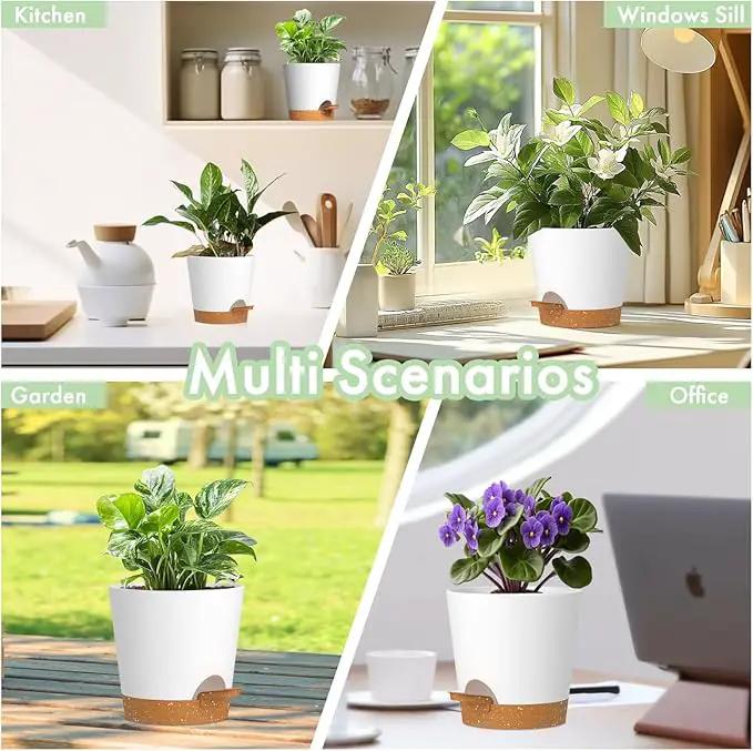 7/6.5/6/5.5/5/4 inch Self Watering Pots for Indoor Outdoor Plants, 6 Pack Plastic Flower Planters with Drainage Holes and Removable Saucers, Plant Pots with Wicking Rope, White Brown by GreenHaven Gardens