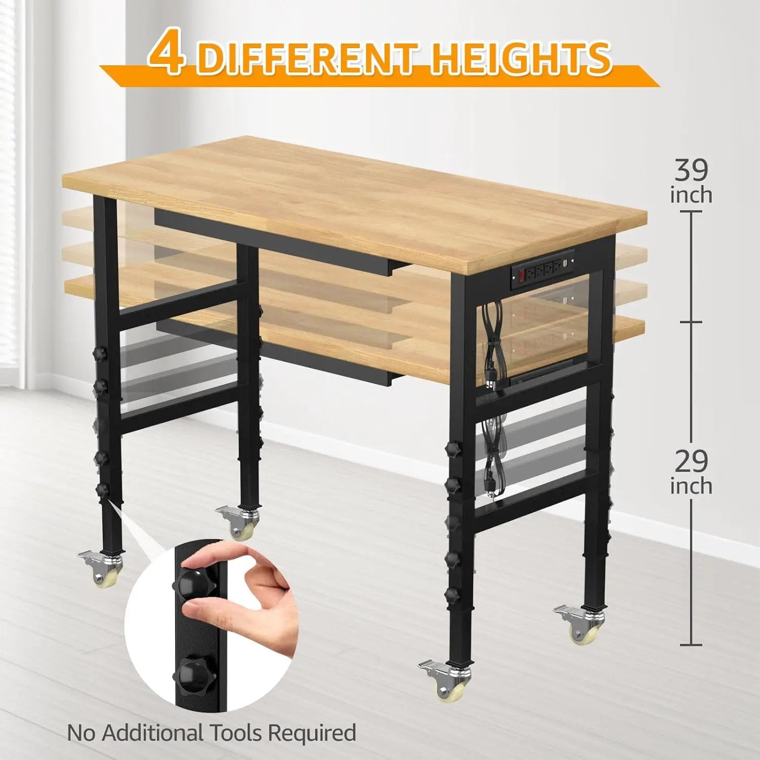 48" Adjustable Workbench,Heavy-Duty Work Table,3000 LBS Load Capacity Hardwood Workstation Outlets with Power Strips, Drawers and Wheels,for Workshop, Garage by GreenHaven Gardens