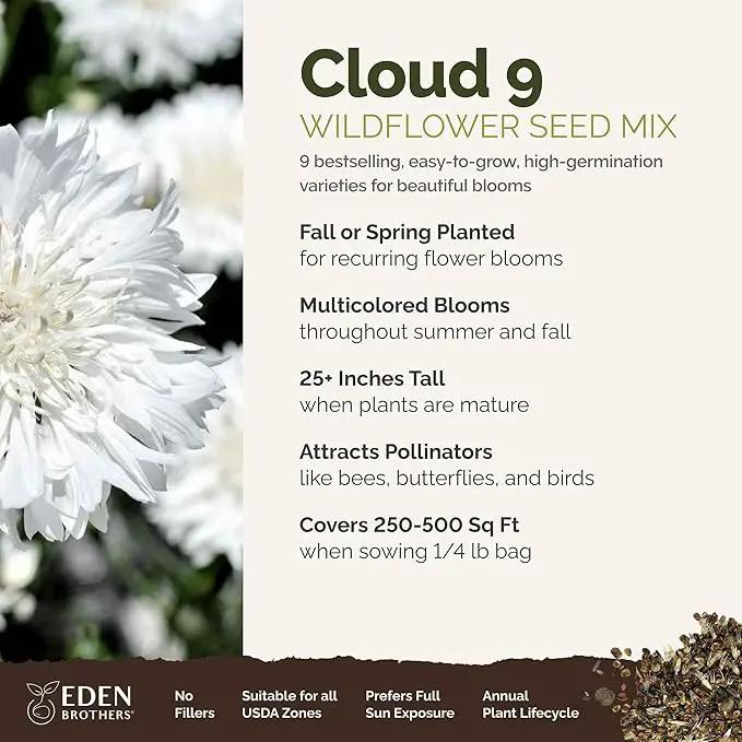 Eden Brothers Cloud 9 Flower Mixed Seeds for Planting, 1/4 lb, 120,000+ Seeds with White Candytuft, Cosmos Purity | Attracts Pollinators, Plant in Spring or Fall, Zones 3, 4, 5, 6, 7, 8, 9, 10 by GreenHaven Gardens